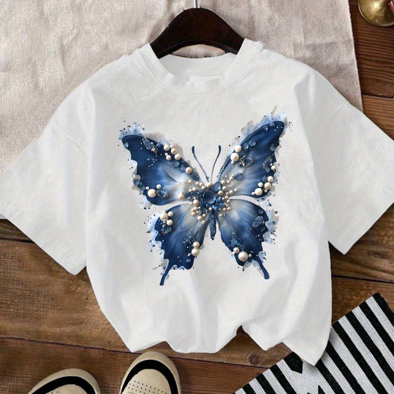 

Butterfly Graphic Print T-shirt, Short Sleeve Crew Neck Casual T-shirt For Summer, Girl's Daily Wear Clothing