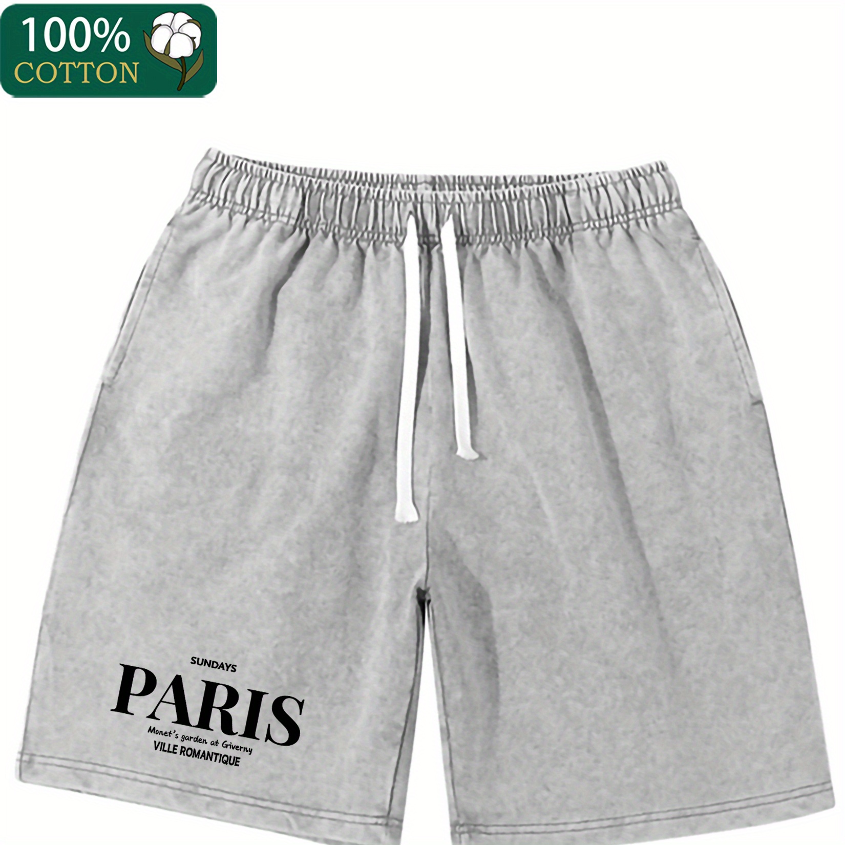 

Paris Letter Print Men's 290g Pure Cotton Washed Vintage Street Style Wax Dyed Casual Sports Looped Shorts