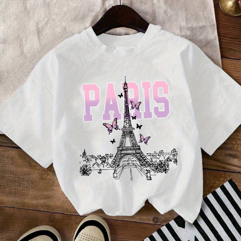 

The Eiffel Tower Graphic & Paris Letter Print T-shirt, Short Sleeve Crew Neck Casual T-shirt For Summer, Girl's Daily Wear Clothing