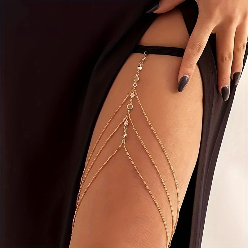 

Golden Thigh Chain - Multi-layered & Body Jewelry For Women - Sparkling Rhinestones & Beads,