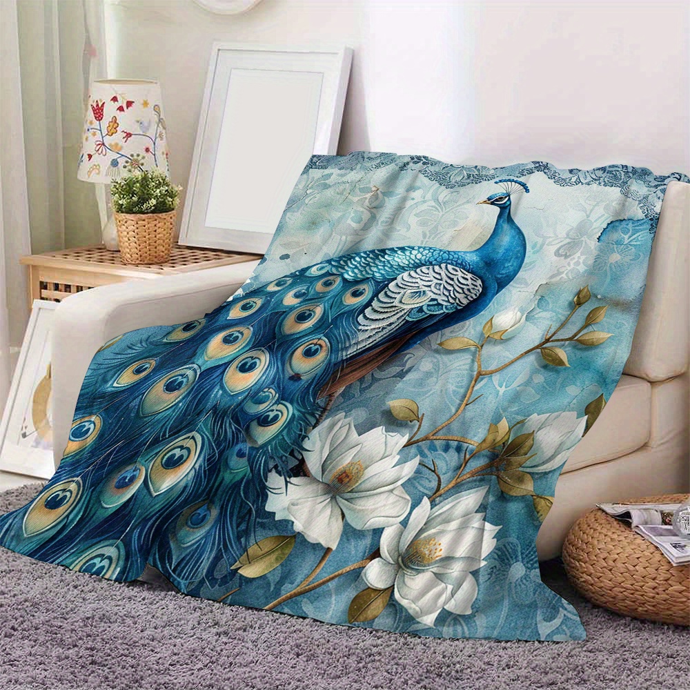 

Contemporary Peacock Floral Design Flannel Throw Blanket - Polyester, Woven, Digital Print, All-season Comfort, Versatile Decorative Sofa Cover, Lightweight Nap Blanket - 59x79 Inches