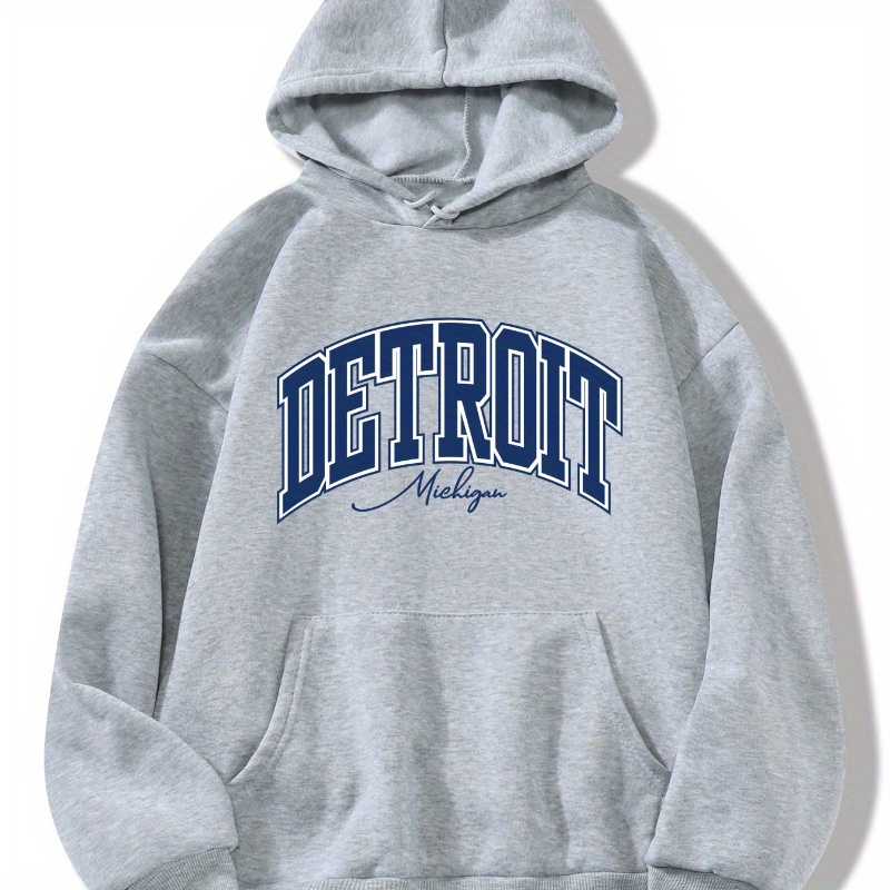 

Detroit Print Kangaroo Pocket Hoodie, Casual Long Sleeve Drawstring Hoodies Sweatshirt, Women's Clothing
