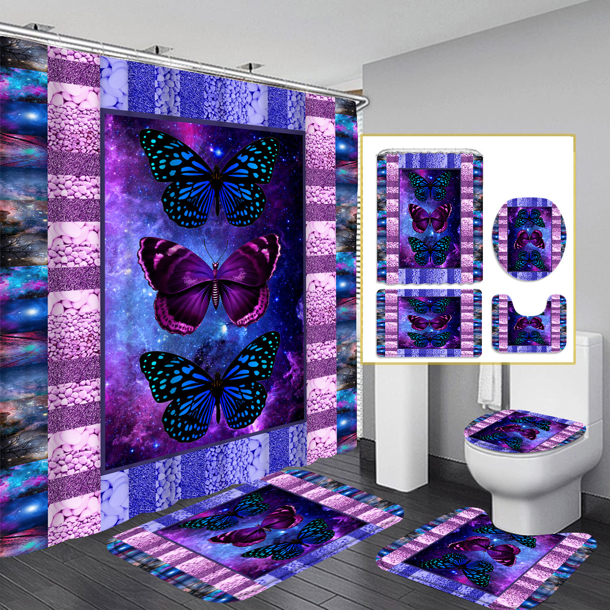 

4pcs Purple Butterflies Shower Curtain Gift Modern Home Bathroom Decoration Curtain And Toilet Floor Mat 3-piece Set With 12 Shower Curtain Hooks