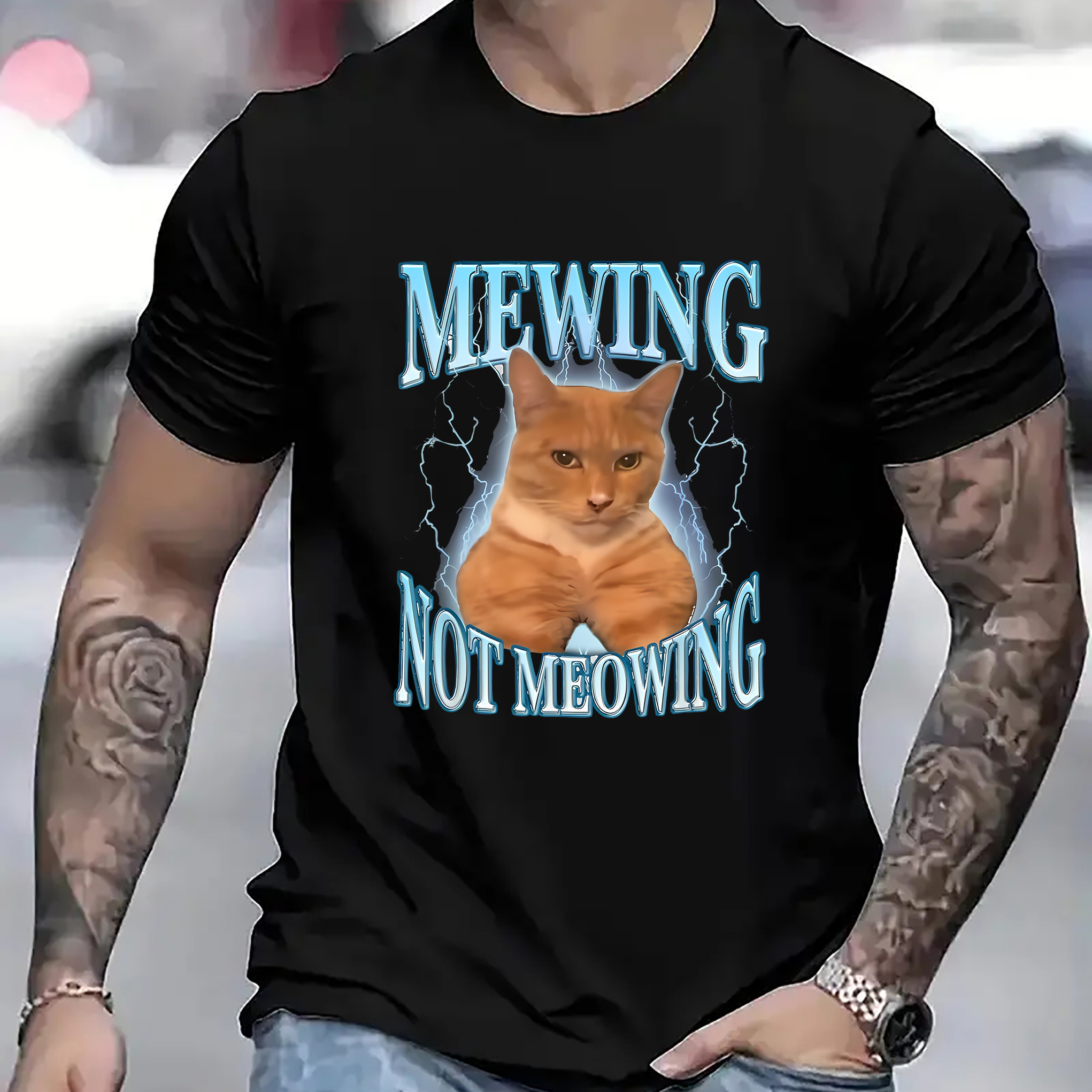 

Funny Cat Pattern Letters Print Men's Fashion Comfy Breathable T-shirt, New Casual Round Neck Short Sleeve Lightweight Tee For Spring Summer Holiday Leisure Vacation Men's Clothing As Gift