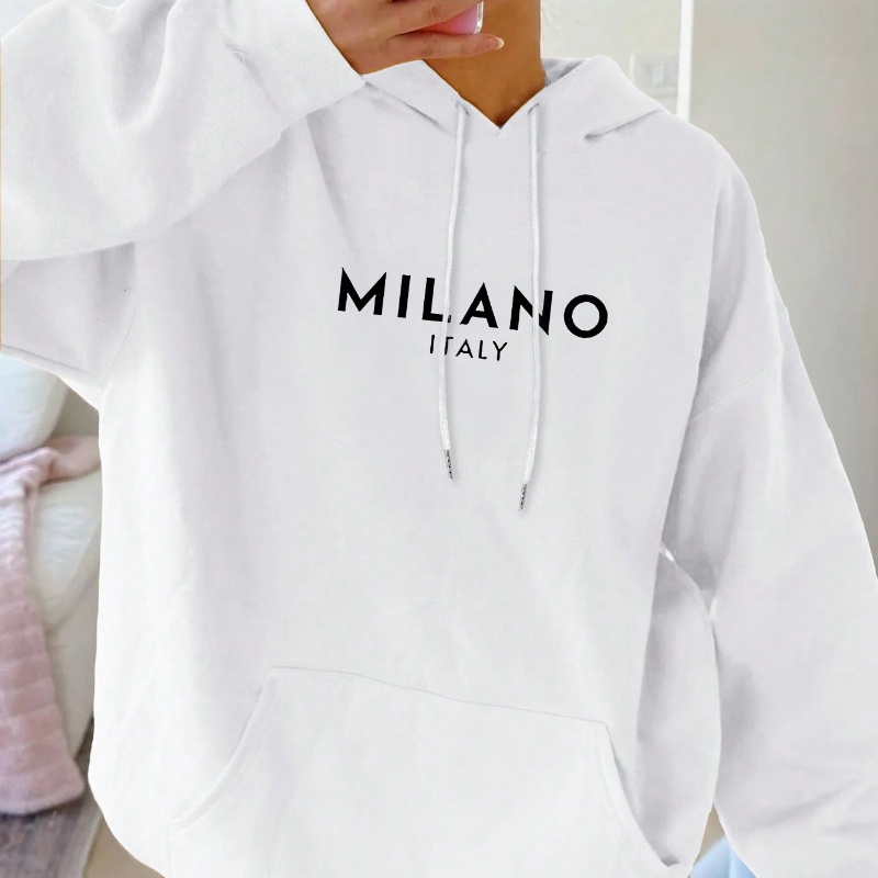 

Milano Print Kangaroo Pocket Hoodie, Casual Long Sleeve Drawstring Hoodies Sweatshirt, Women's Clothing