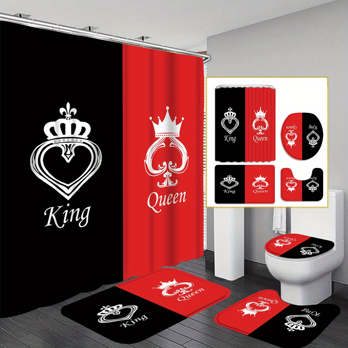 

4pcs Spades And Hearts & Shower Curtain Gift Modern Home Bathroom Decoration Curtain And Toilet Floor Mat 3-piece Set With 12 Shower Curtain Hooks