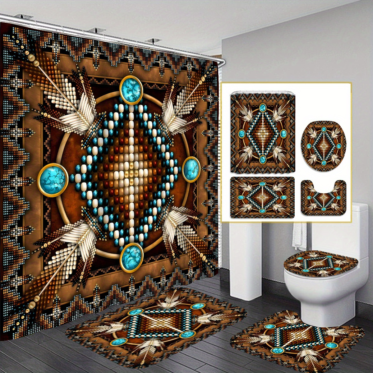 

4pcs Bohemian Style Exquisite Totem Shower Curtain Gift Modern Home Bathroom Decoration Curtain And Toilet Floor Mat 3-piece Set With 12 Shower Curtain Hooks