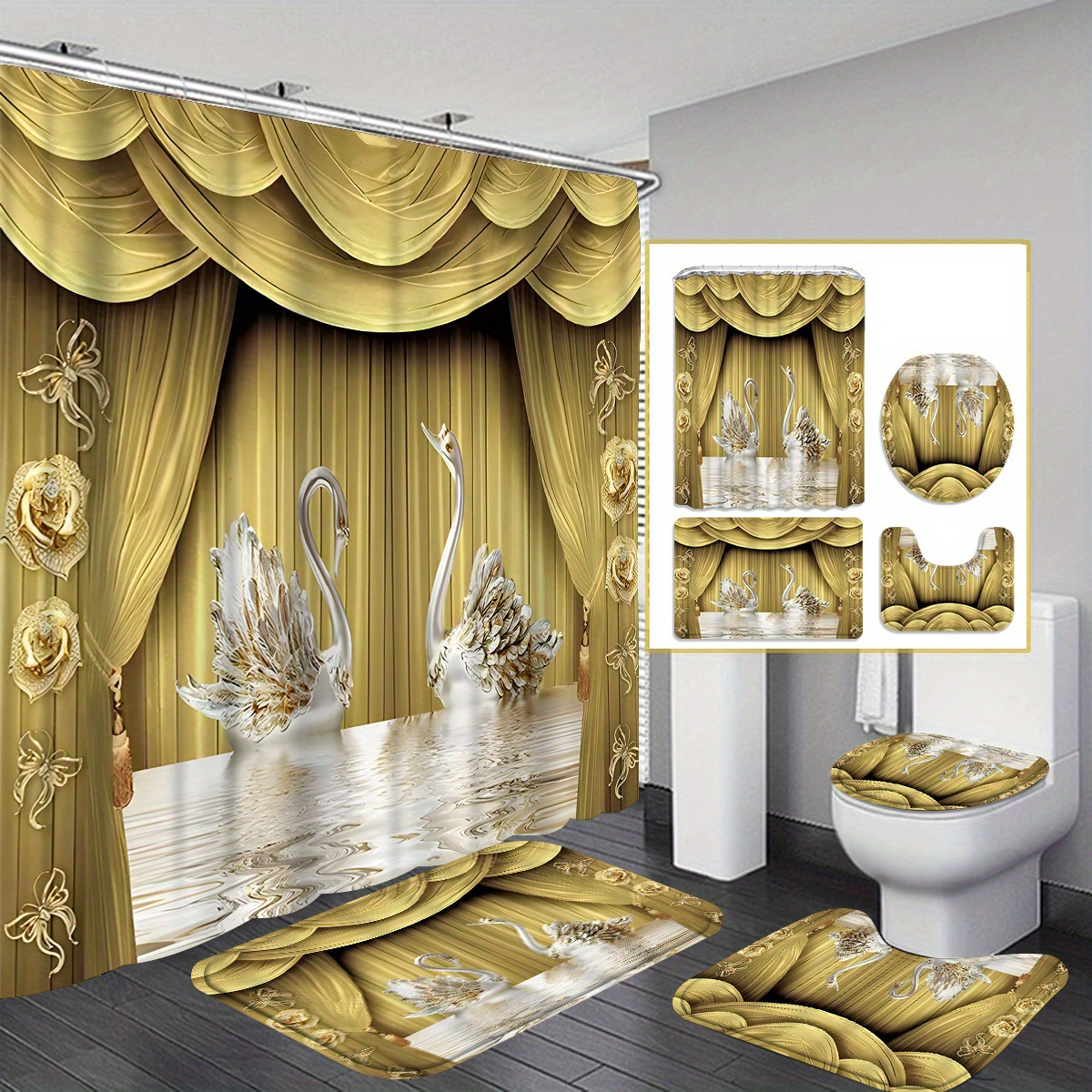 

4pcs Curtains And Shower Curtain Gift Modern Home Bathroom Decoration Curtain And Toilet Floor Mat 3-piece Set With 12 Shower Curtain Hooks