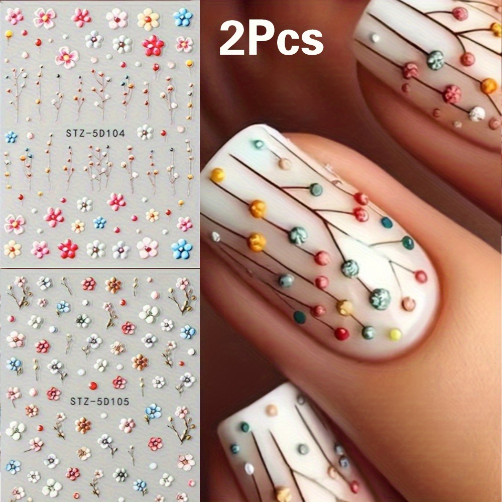 

2 Sheet 5d Embossed Daisy Design Nail Art Stickers, Spring Flower Design Nail Art Decals For Nail Art Decoration, Self Adhesive Nail Art Supplies For Women And Girls