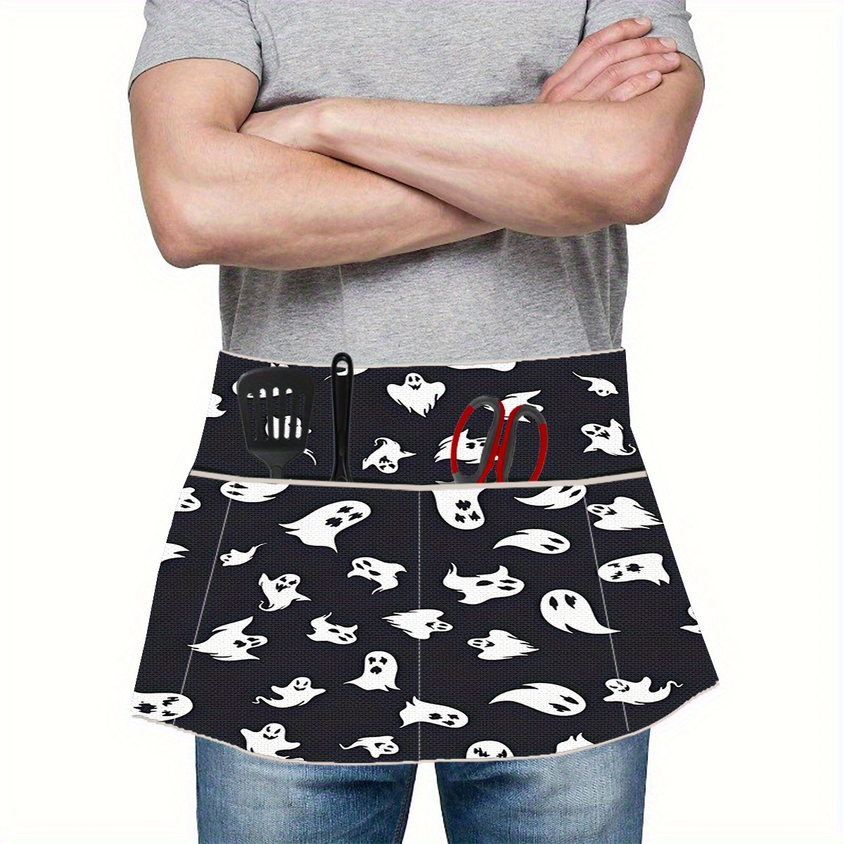 

Adjustable Linen Half-apron With Large Pocket, Halloween Dark Theme Print, Ideal For Home Kitchen, Dining, Cafe, Party Decor