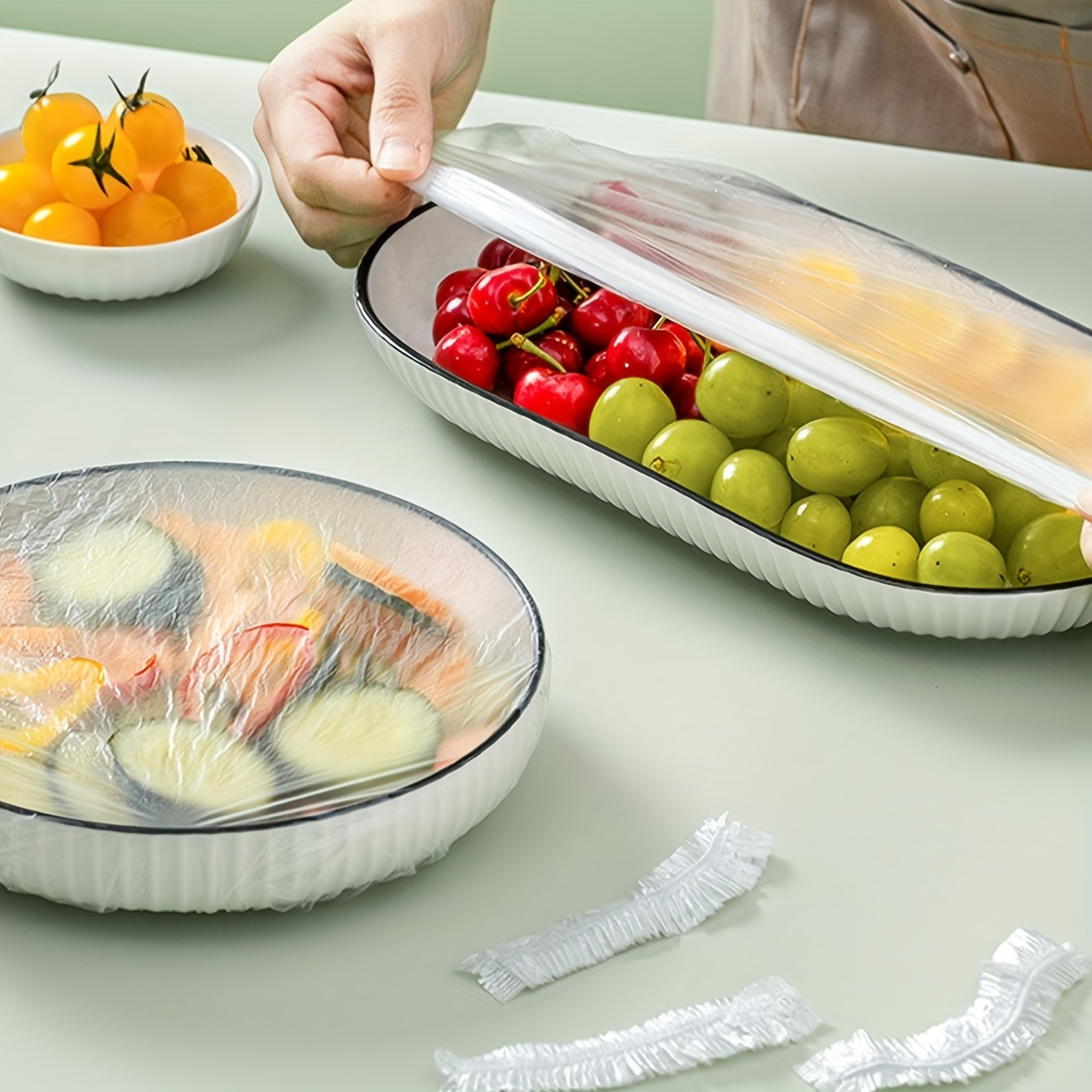 100pcs thickened disposable plastic wrap covers transparent retractable freshness protectors for   fruits vegetables   kitchen refrigerator counter storage details 0