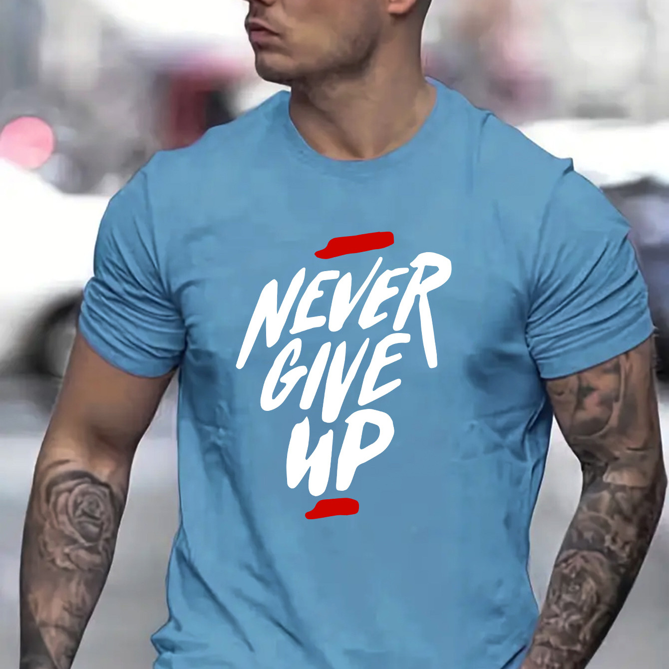 

Never Give Up " Letter Print T-shirt - Trendy Casual Style With Comfy Short Sleeves - Perfect For Summer Outdoor Activities