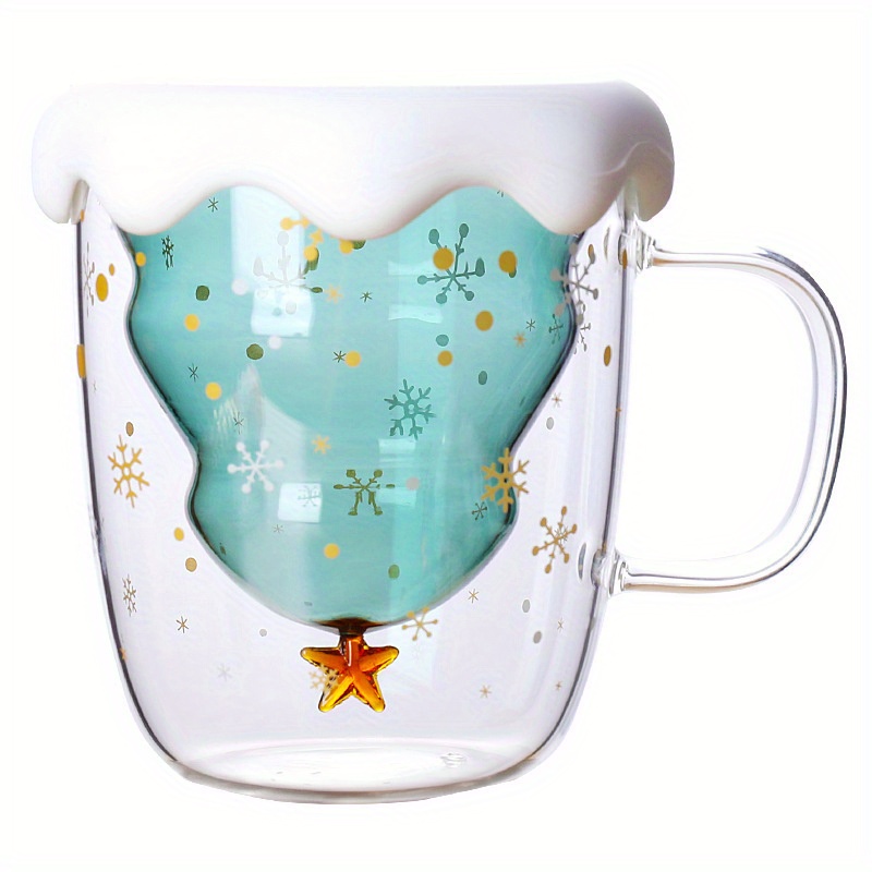 

Double-walled Glass Christmas Tree Mug With Lid And Handle, High Borosilicate Glass Cup With Golden Snowflakes And For Milk, Water - Holiday Drinkware