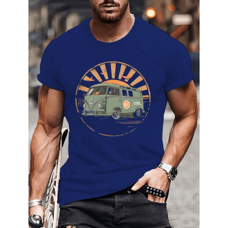 

T-shirt imprimé van style rétro vintage, Tees pour hommes, T-shirt décontracté à manches courtes pour l'été