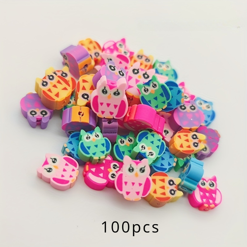 TEMU 100pcs Assorted Polymer Clay Owl Beads - Cute Handmade Soft Clay Charms For Diy Jewelry Making, Bracelets, Necklaces - Craft Supplies