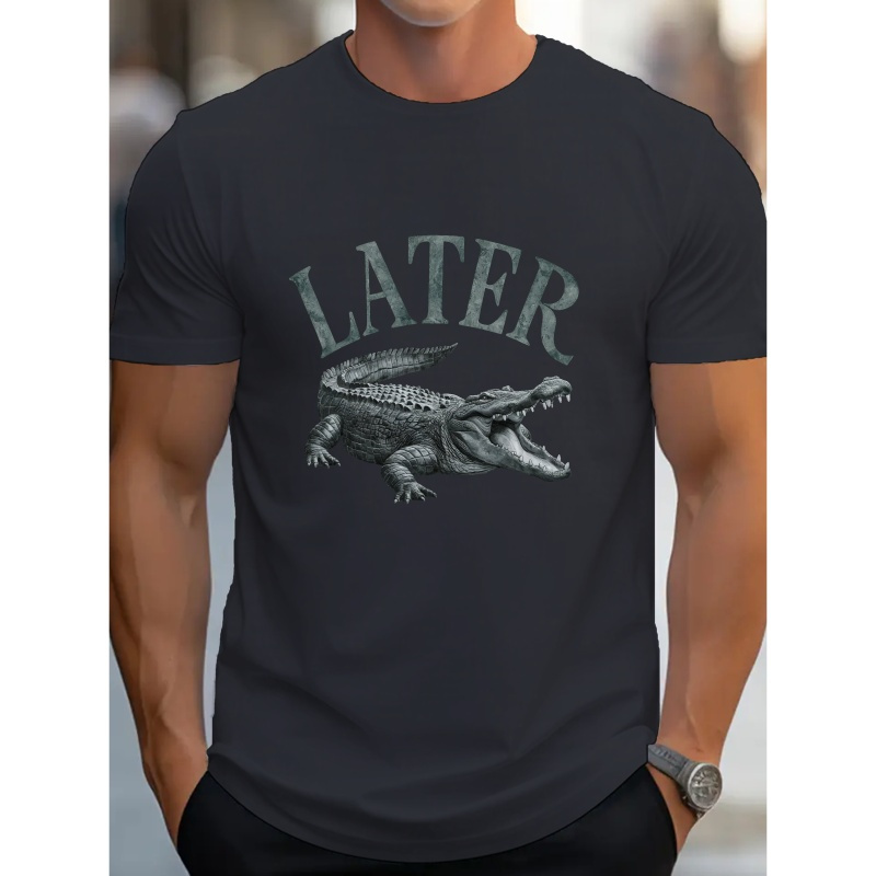 

Later Fierce Crocodile Illustration Print Tee Shirt, Fashion Tees For Men, Casual Short Sleeve T-shirt For Summer