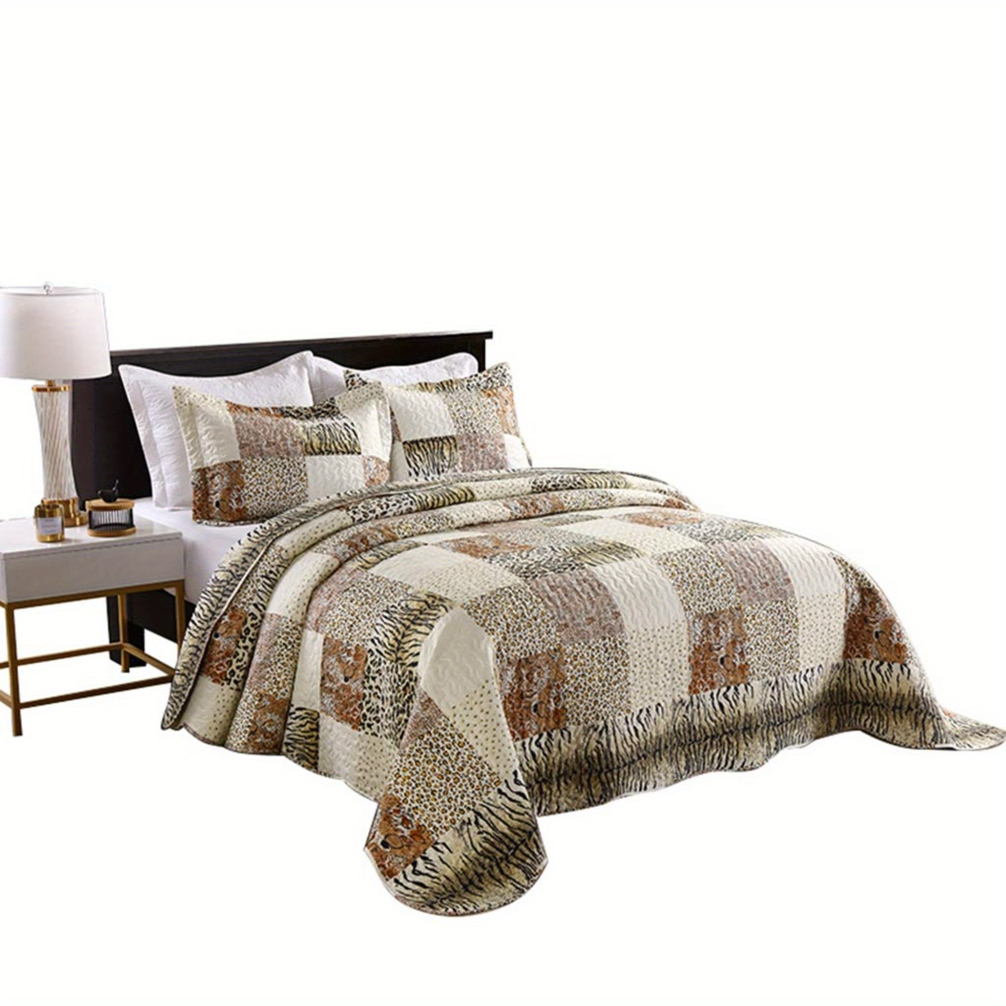 

3 Pcs Queen Size Quilted Bedspread Leopard Print Quilt Set Bedding Throw Blanket Coverlet Animal Print Bedspread Ensemble