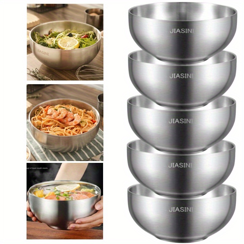 

5-piece Set Stainless Steel Double-walled Bowls - Large, Deep & Rust-resistant For Soup, Noodles & More - Perfect For Home Kitchens