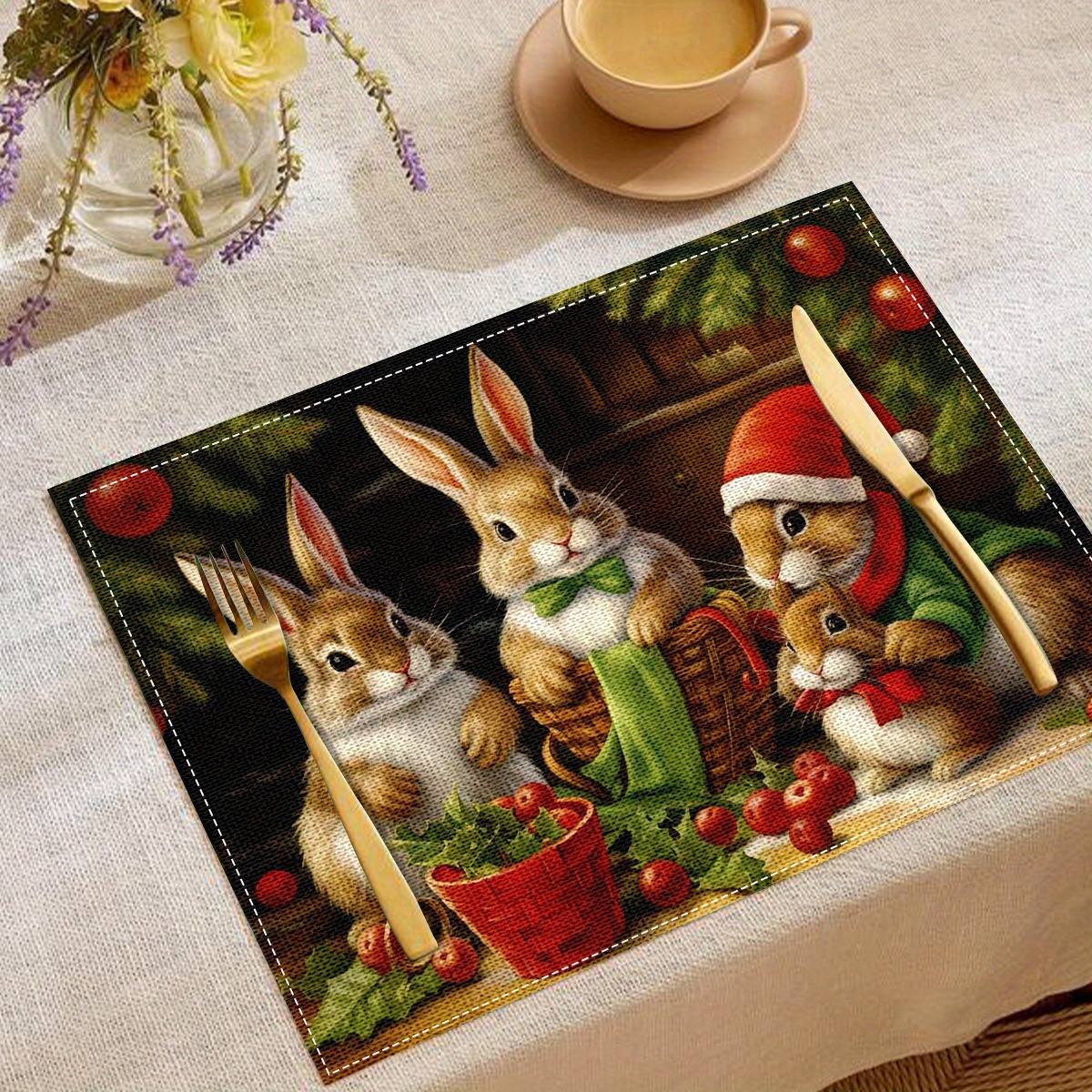 

Festive Christmas Rabbit Placemats - 4 Pieces, Modern Linen Table Mats, Insulated, Square, Machine Washable