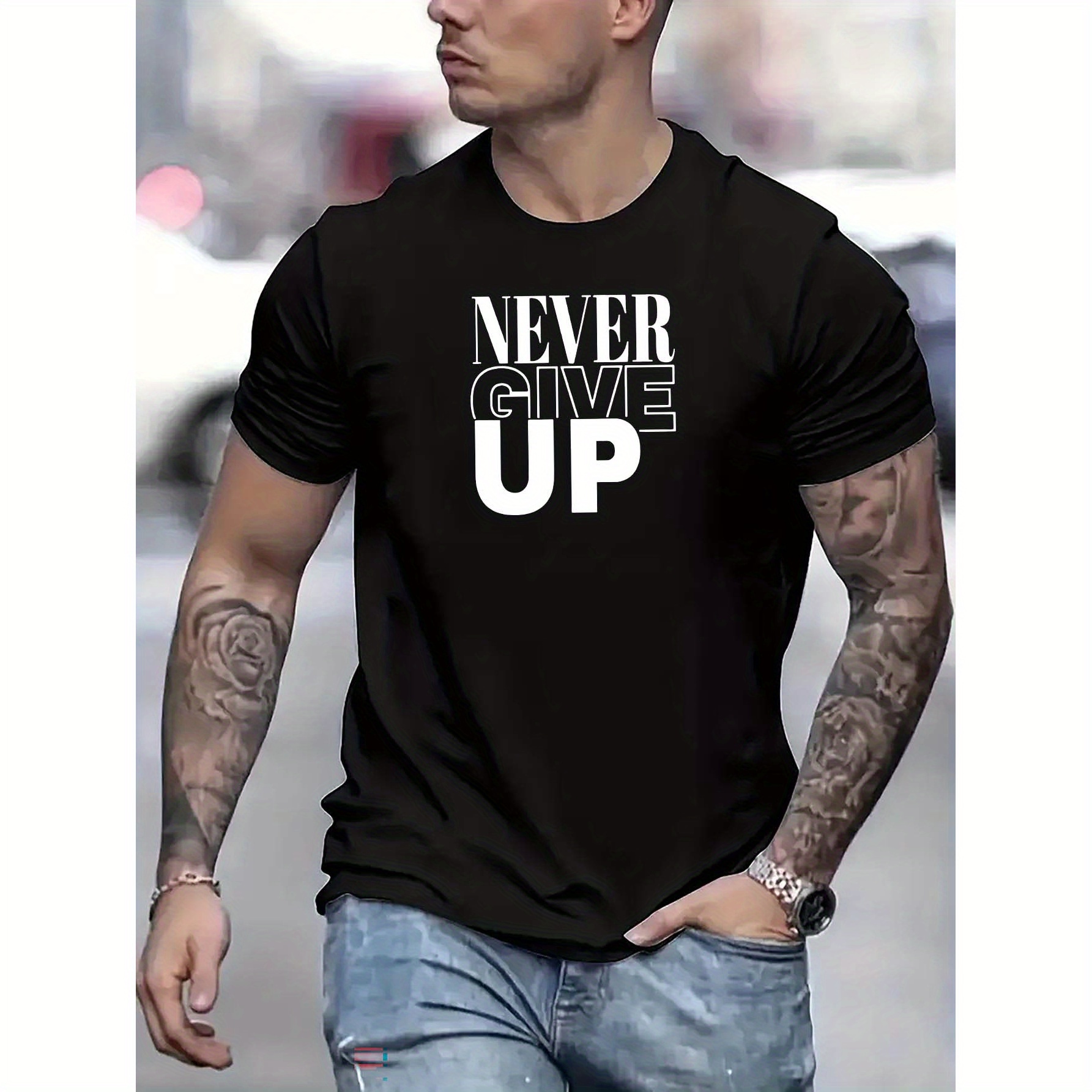

Never Give Up Print, Men's Graphic Design Crew Neck Active T-shirt, Casual Comfy Tees Tshirts For Summer, Men's Clothing Tops For Daily Gym Workout Running