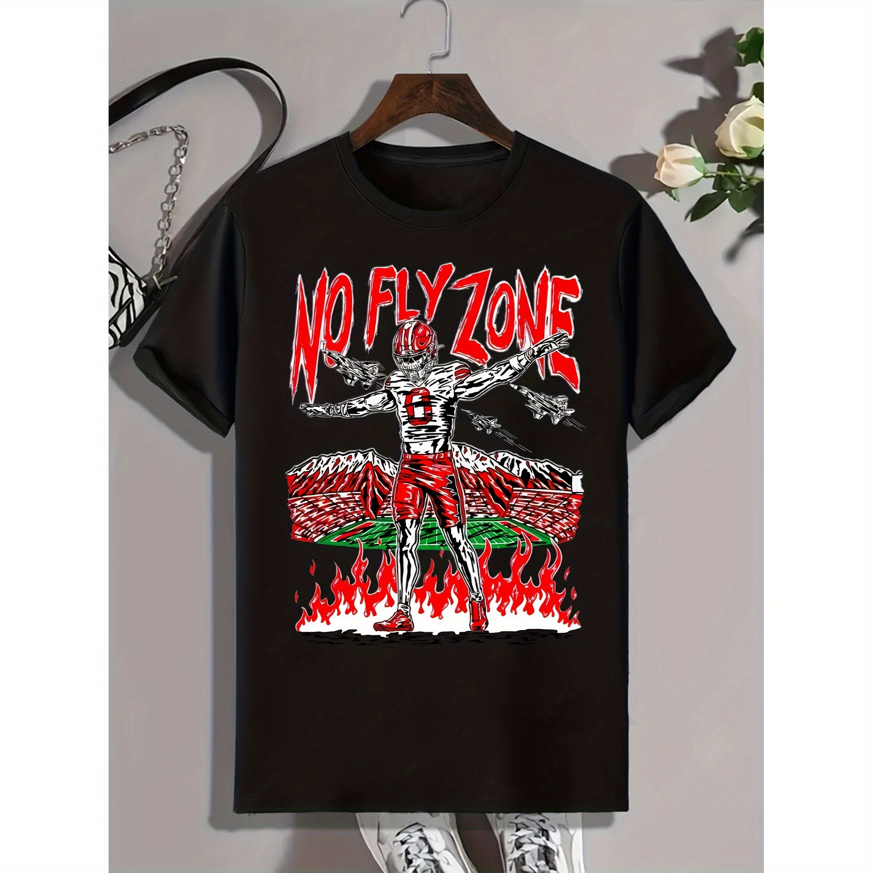 

'no Fly Zone' Print Short Sleeve Tees For Men, Casual Quick Drying Breathable T-shirt, Round Neck T-shirt For All Seasons