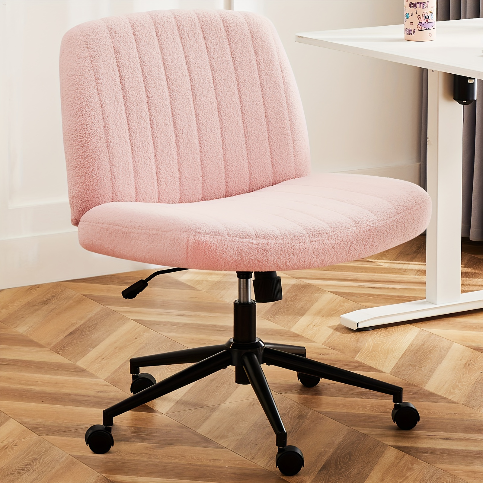 

Office Desk Chair With Wheels Cross Legged Armless Chair Vanity Chair Wide Seat Cushion Adjustable Swivel Padded Legged Office Chair For Bedroom, Living Room, Office