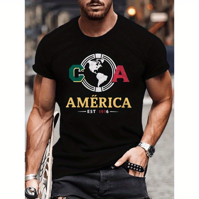 

America Emblem Print, Men's Round Crew Neck Short Sleeve Tee, Casual Comfy Lightweight T-shirt Top For Summer