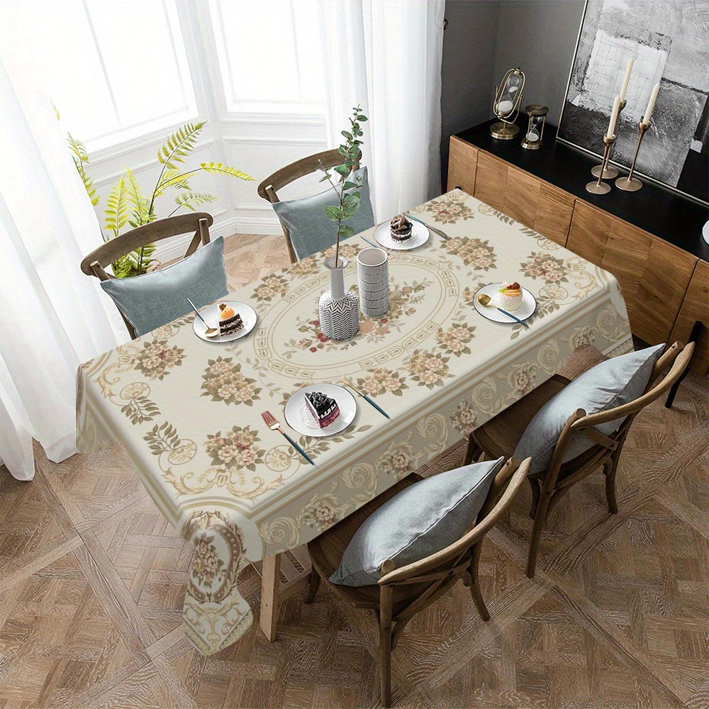 

Chic Beige Floral Print Tablecloth - Waterproof & Oil-resistant, Perfect For Dining, Office Desk, And Home Decor