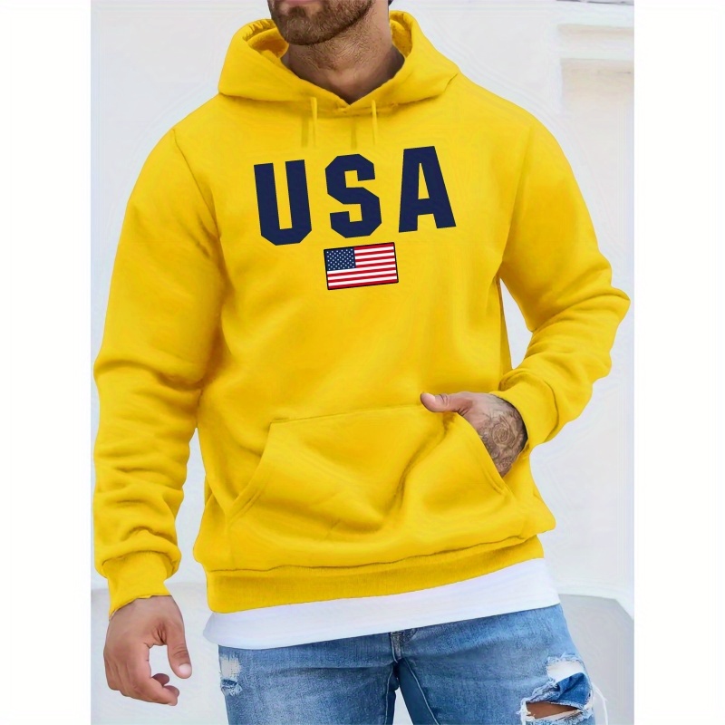 

Usa Print, Men's Pullover Round Neck Hoodies With Kangaroo Pocket & Drawstring, Stylish Versatile Long Sleeve, Hooded Sweatshirt, Loose Casual Top For Autumn Winter, Men's Clothing As Holiday Gifts