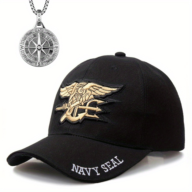 

2pcs Men's Baseball Cap Necklace Set Outdoor Sports Hat Seal Cap Baseball Cap Hat Personalized Design Retro Compass Pointer Pendant Necklace For Men And Women