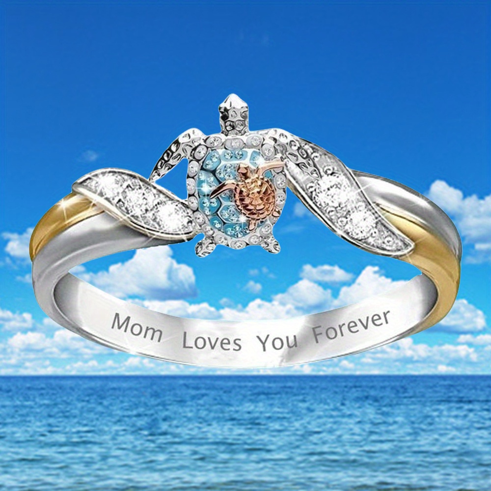 Elegant "Mom Loves You Forever" Turtle Duo Ring with Blue & Clear Gemstones - Durable Metal, Ideal Gift for Birthdays, Mother's Day, Valentine's, Christmas, Gift for Mom|Elegant Design|Intricate Detailing, Turtle Decor