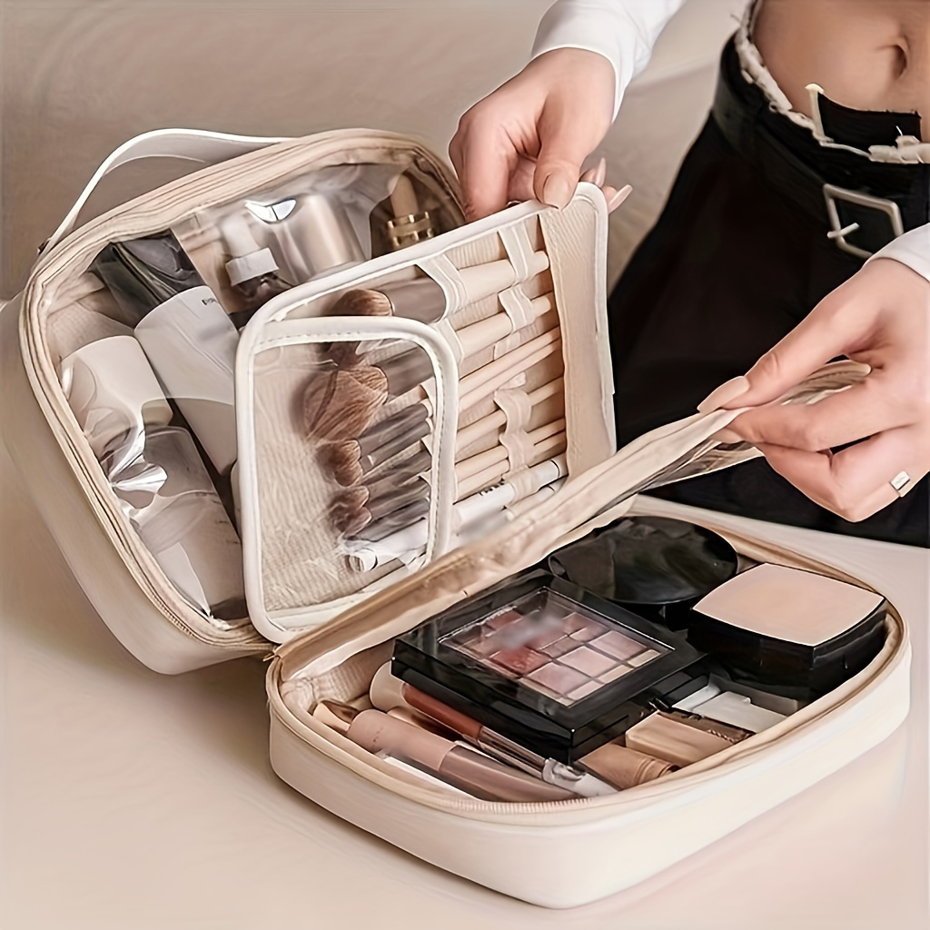 

Chic Pu Leather Travel Cosmetic Bag - Double Layer With Transparent Window & Zipper, Spacious Organizer For Women's Beauty Essentials