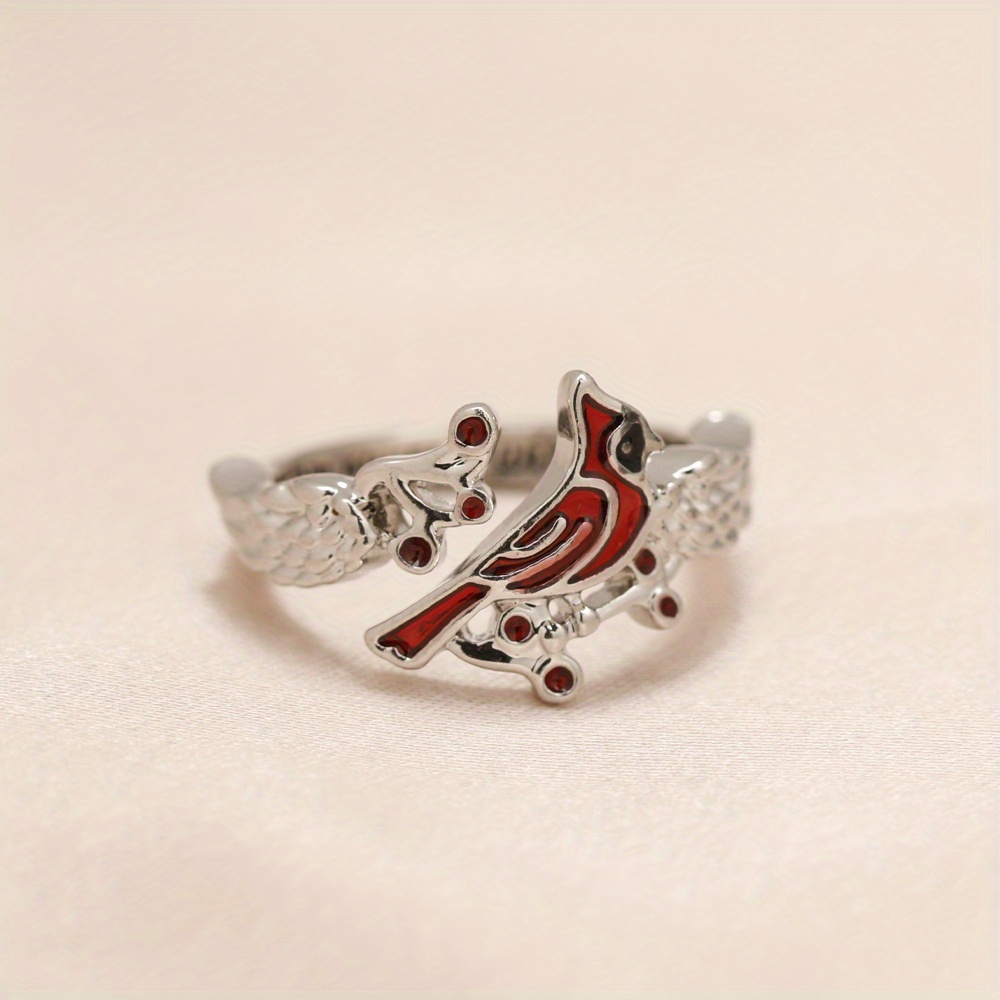 TEMU 1pc Red Bird And Chinese Hawthorn Fashion Exquisite Ring For Birthday Christmas Gift