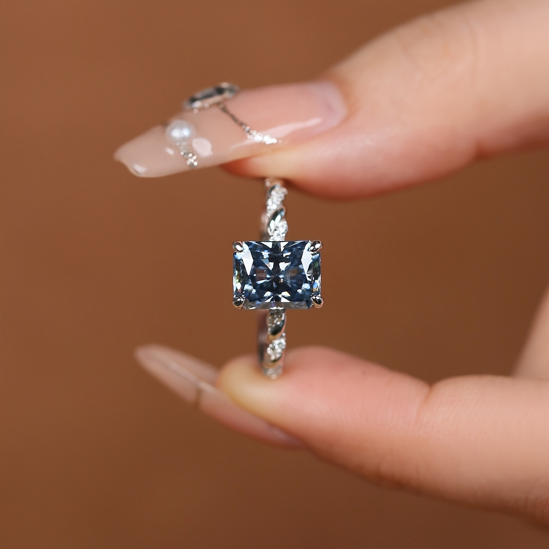 

3carat Royal Blue Moissanite Bead Decor 925 Silver Ring, Birthday Gifts, For Daily Wear