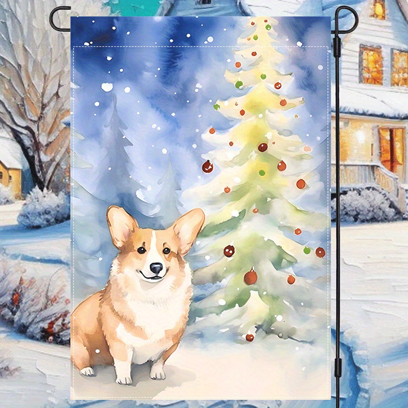 

Festive Corgi Christmas Tree Winter Garden Flag - Double-sided, Waterproof Burlap Banner - 12x18inch