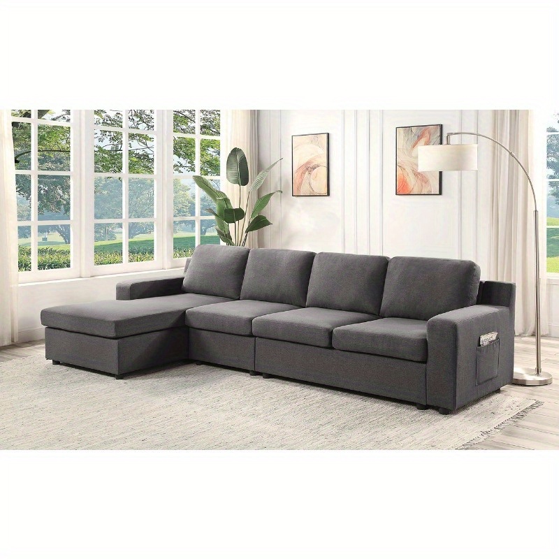 Gray Linen 4 seater Sectional Sofa Chaise Pocket - Temu