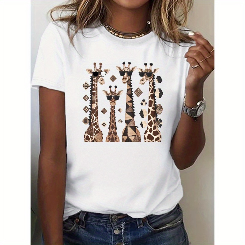 

Cute Giraffes Print Crew Neck T-shirt, Casual Short Sleeve Top For Spring & Summer, Women's Clothing