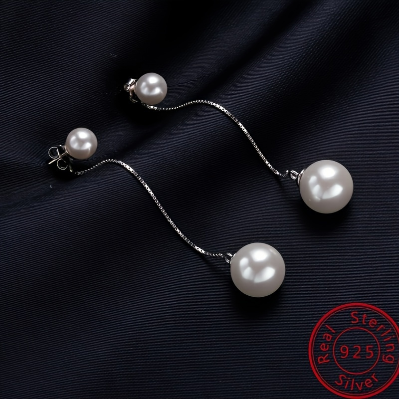 

Sterling 925 Silver Hypoallergenic Ear Jewelry Double Pearl Long Dangle Earrings Elegant Style Wedding Accessories