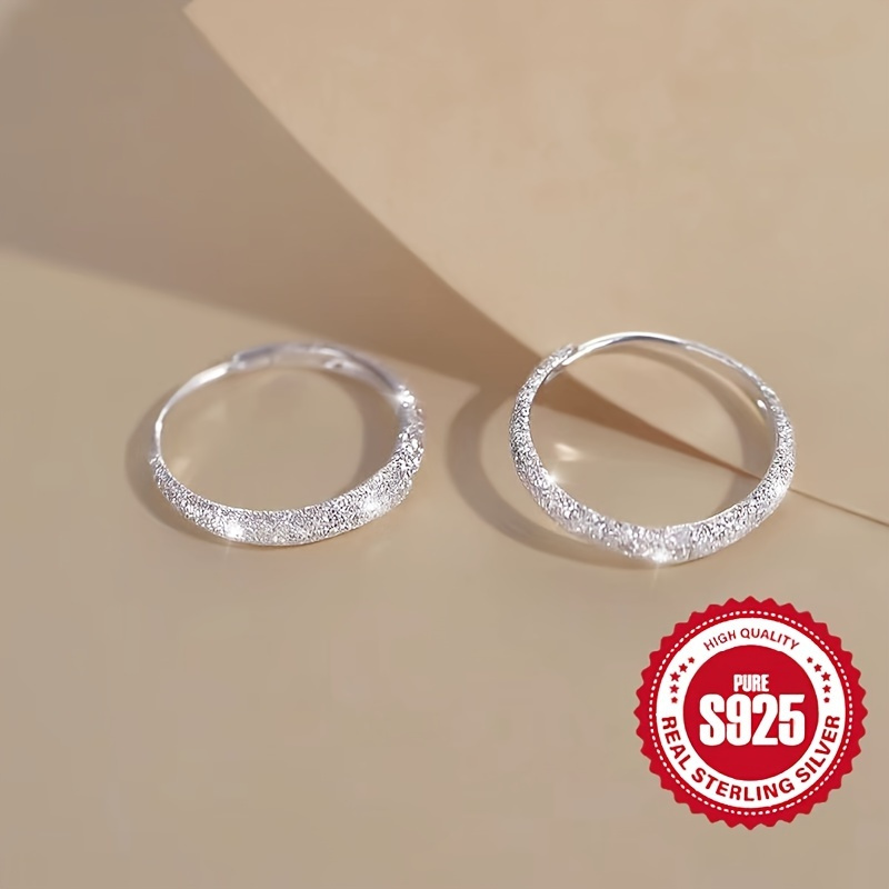 

Sterling Silver Hoop Earrings, Vintage Bohemian Style, 925 Frosted Finish, Allergy-friendly, Classic Everyday Fashion Accessory