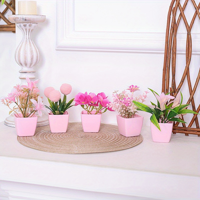 

5-pack Mini Artificial Potted Plants - Home Office Decoration Plastic Faux Flowers For Shelf, Desktop, Bookshelf