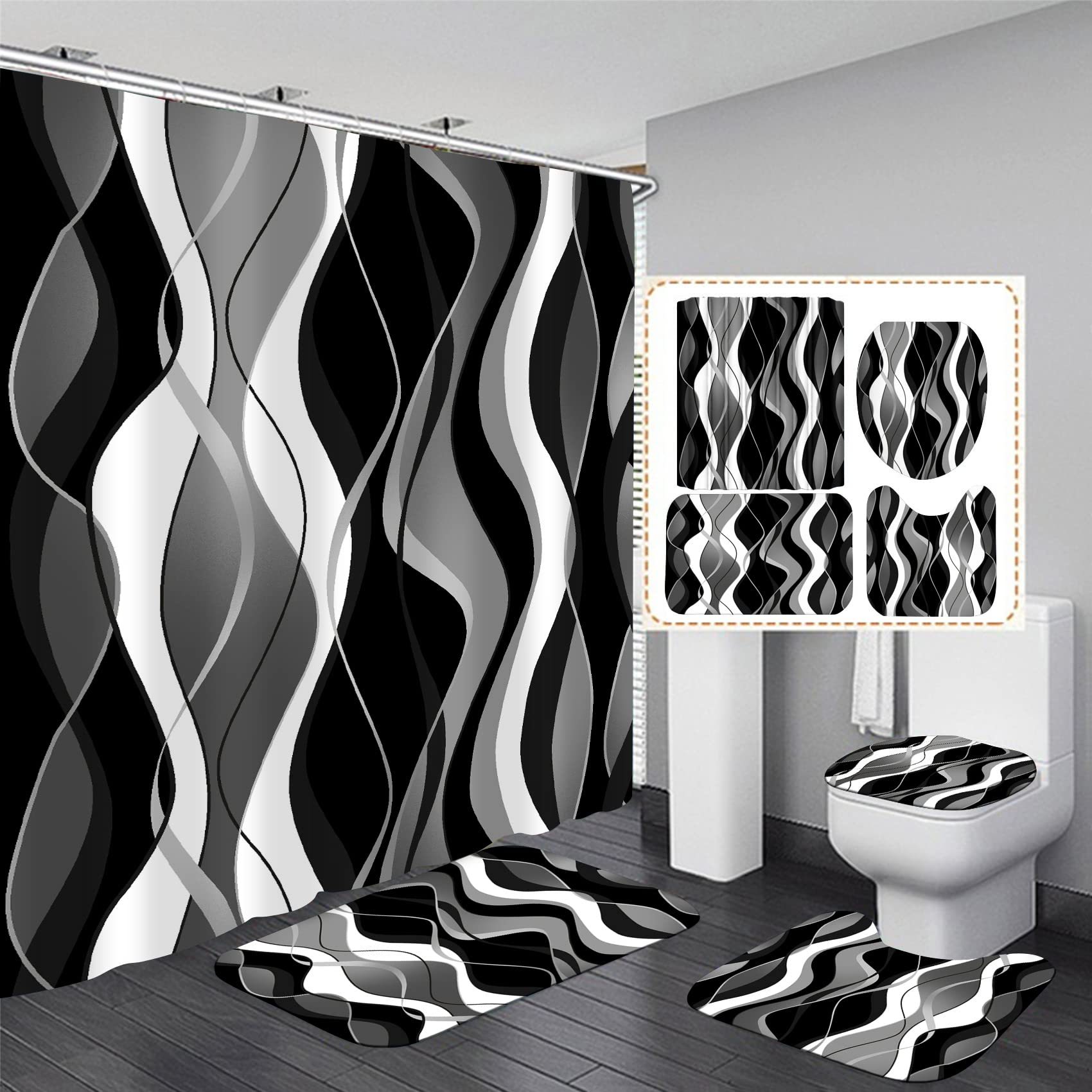 

4pcs Abstract Pattern Bathroom Shower Curtain Set, With 12 Hooks, Anti-slip Mats, And Toilet Lid Cover, Modern Home Decor