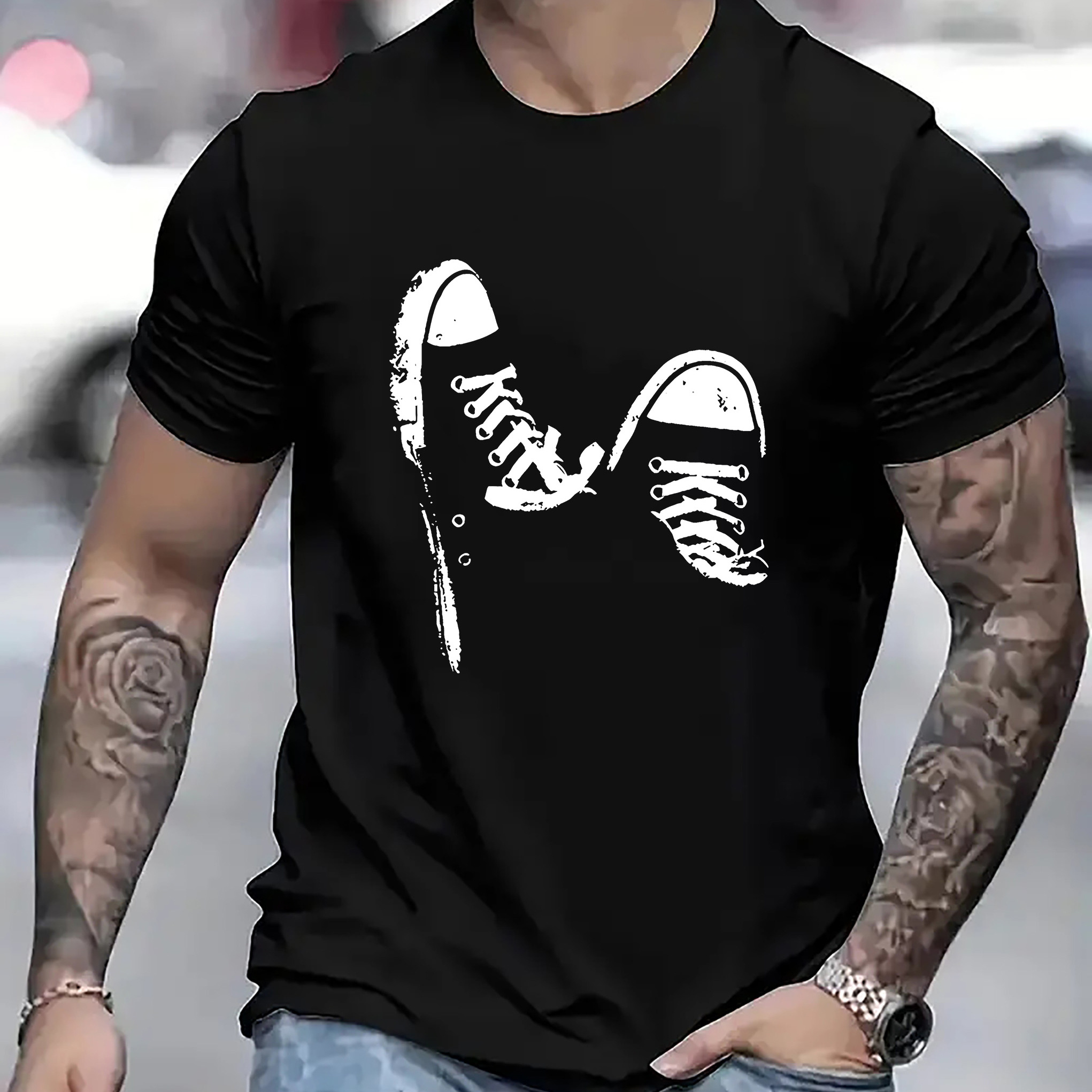 TEMU Shoes Simple Print, Men's Round Neck Short-sleeved T-shirt, Casual T-shirt, Casual And Comfortable Summer Light Top