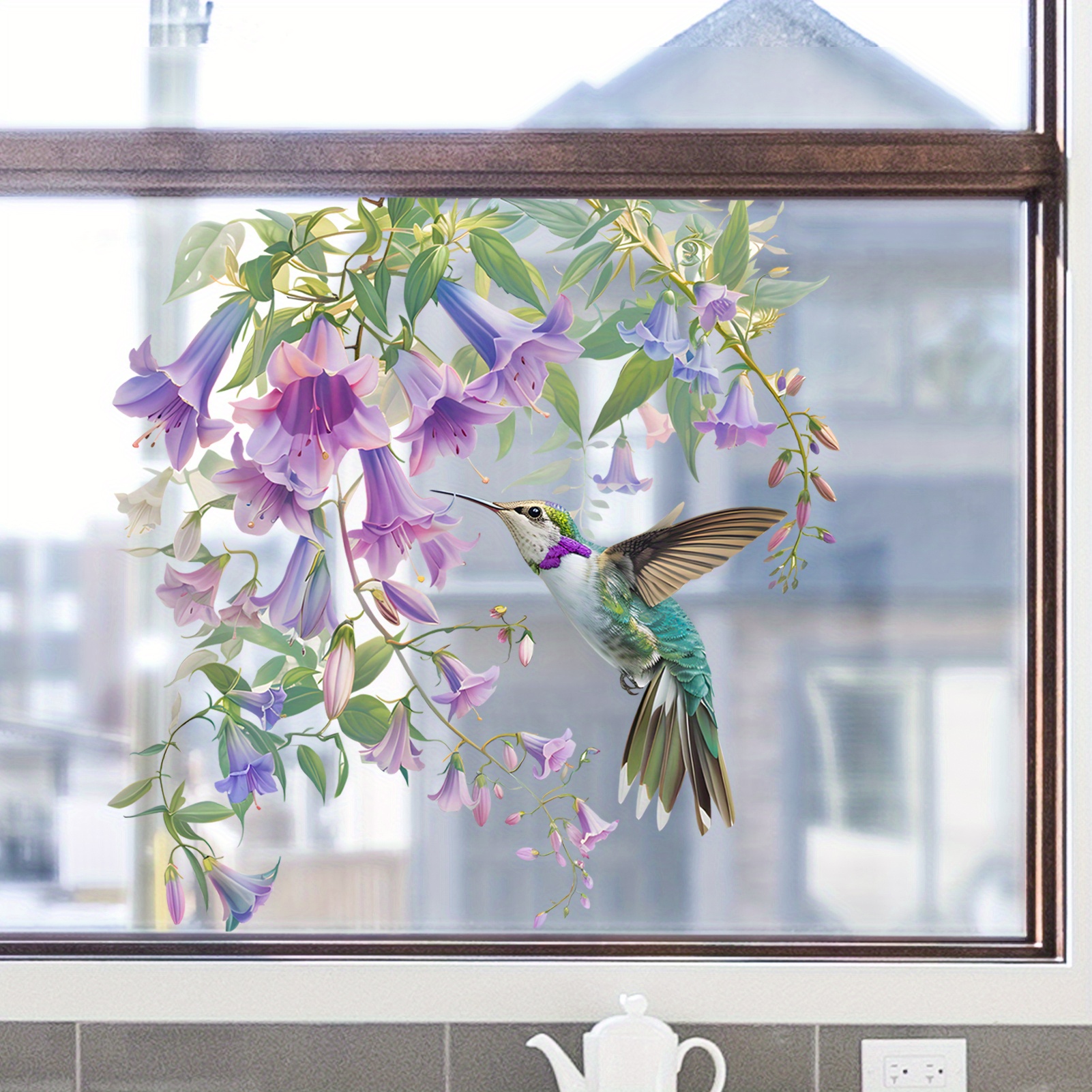 

Peel & Stick Hummingbird Wall Decal With Purple Flowers And Green Leaves - Removable Pvc Art For Living Room, Bedroom, Office, Bathroom - Matte Finish, Irregular Shape