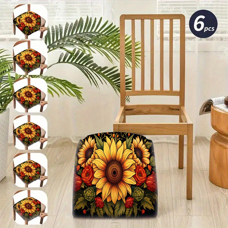 

Sunflower Print Polyester Chair Slipcovers Set Of 2/4/6, Elastic Band Fitted Seat Covers, Stretchable Dining Chair Protections, Soft Comfortable Decorative Slip-resistant Covers, Machine Washable