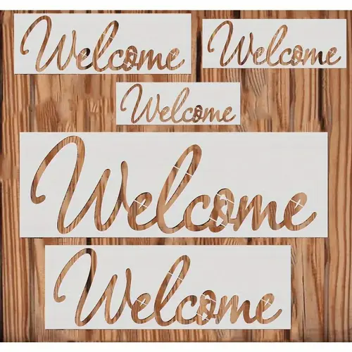 5pcs reusable plastic welcome stencils set for diy crafts wood wall canvas furniture wall drawing and card making decor