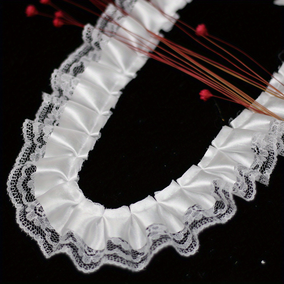 Image of Elegant 1.57" Wide White Lace Trim - Pleated Satin Fabric With Intricate Lace Detailing For Home Textiles, Cushions, Car Decor, And Crafts, Lace Fabric