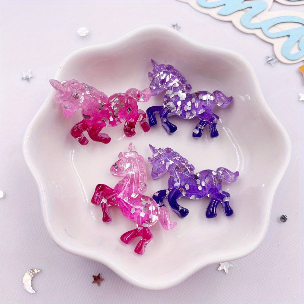 4pcs Mixed Resin Colorful Glitter 3d Unicorn Horse Flat Back Cabochon Rhinestone Wedding Gemstones Applique Jewelry Making Decor Crafts Additions