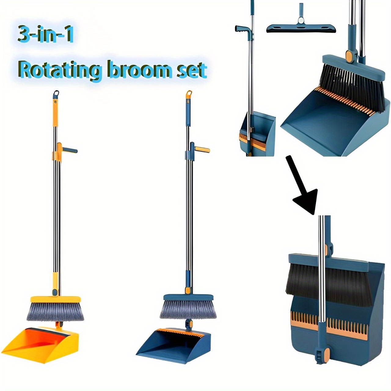 

2pcs Set New 3-in-1 Rotatable Foldable Magnetic Suction Broom Dustpan Sweeping Set, Enlarged And Thickened Household Broom, Living Room, Bedroom Pet Hair Cleaning Broom, Non Stick Hair Soft Hair Broom