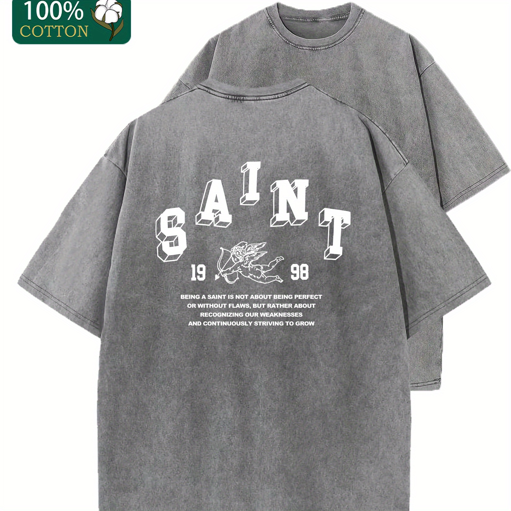 

[] Men'-inspired "saint" Graphic Tee - Thickened 100% Cotton, Distressed Short Sleeve Crewneck T-shirt With Detail, Casual Summer Wear