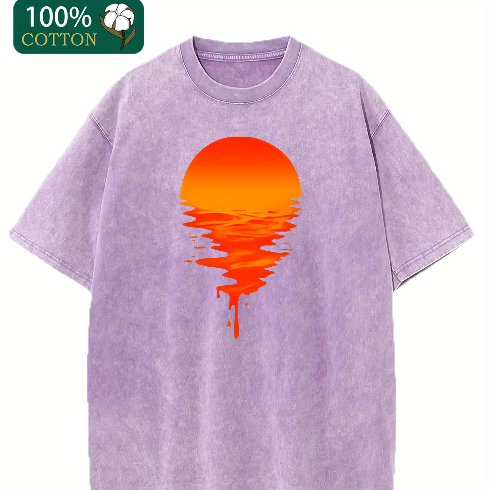 

Sunset Glow Print, Men's Fashion Brand Shoulder Drop Boutique 230g Thick Cotton T-shirt, Fashionable Retro Wax Dyed Vintage Style Short Sleeved Round Neck T-shirt